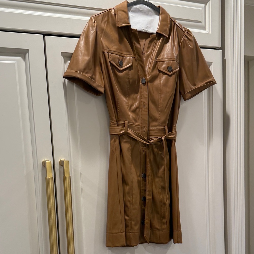 Brown Leather Short-Sleeve Leather Dress